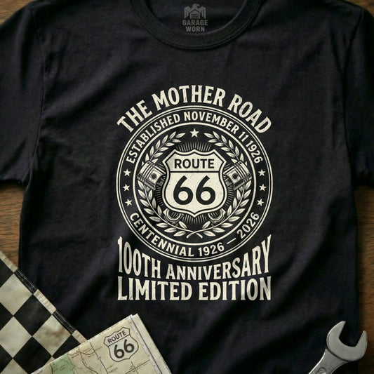 Black t-shirt celebrating Route 66 100th Anniversary Limited Edition.