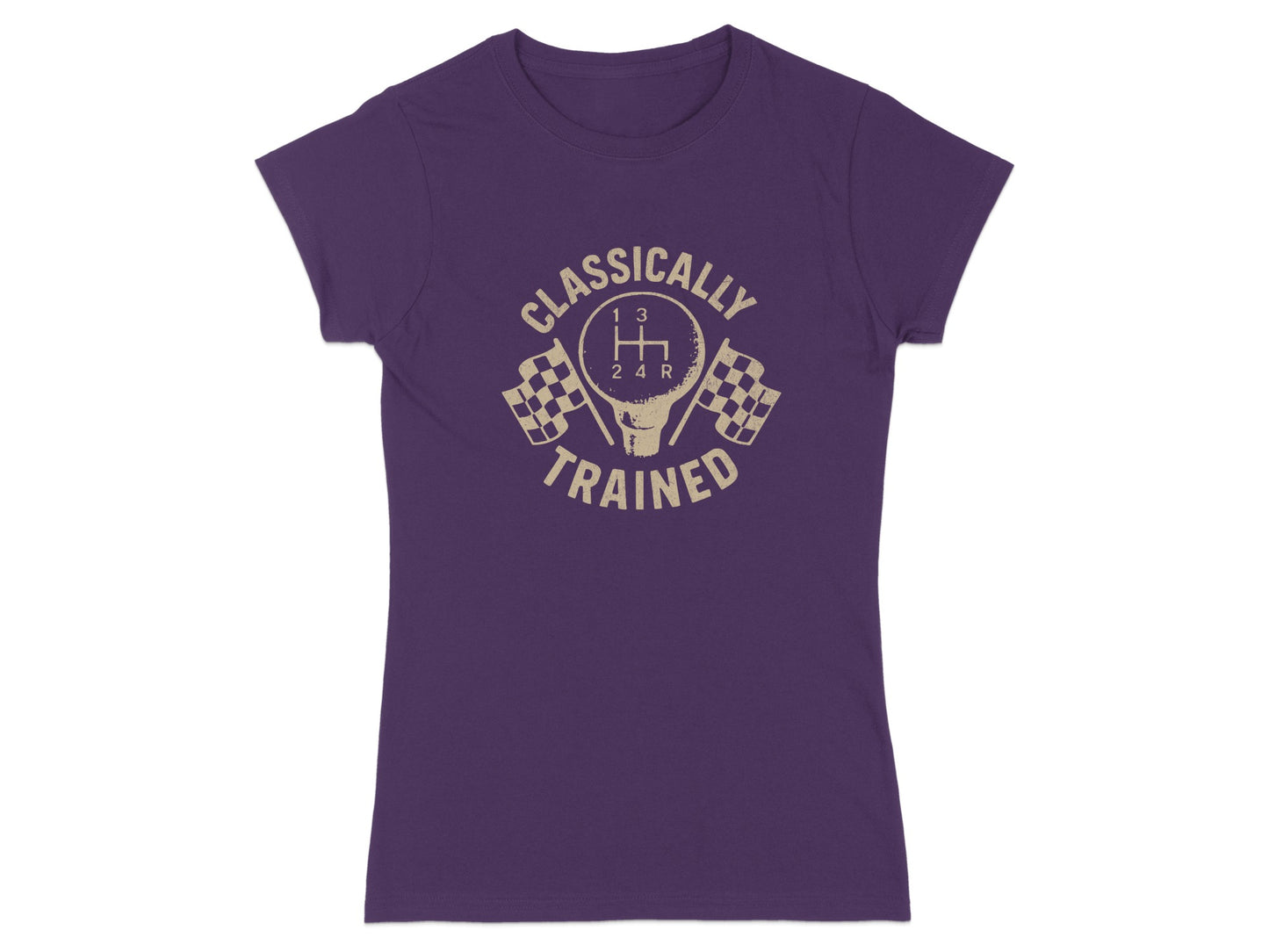 T-shirt with "CLASSICALLY TRAINED" text, gear shift, and checkered flags.