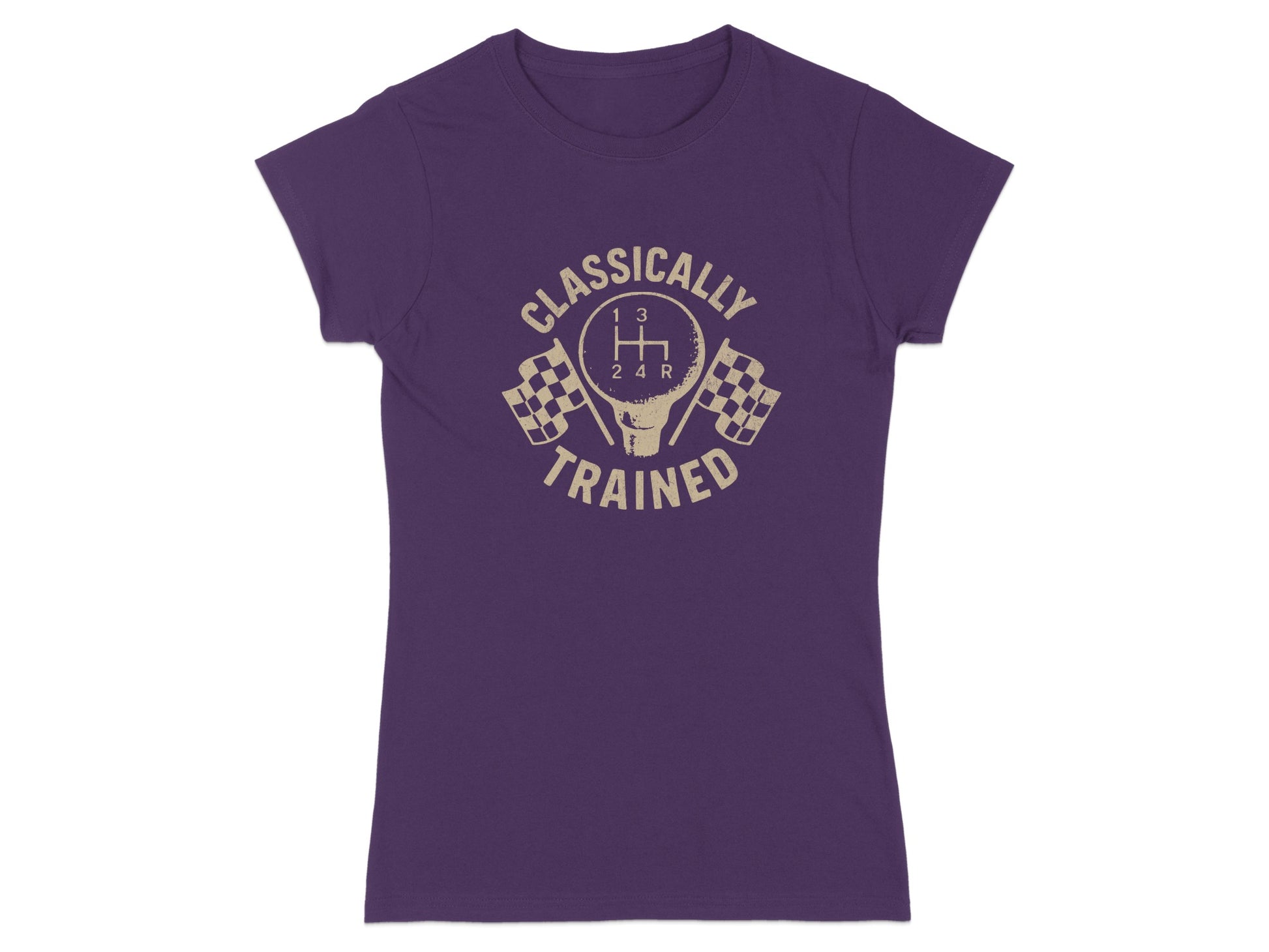 T-shirt with "CLASSICALLY TRAINED" text, gear shift, and checkered flags.
