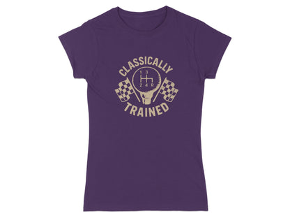 T-shirt with "CLASSICALLY TRAINED" text, gear shift, and checkered flags.