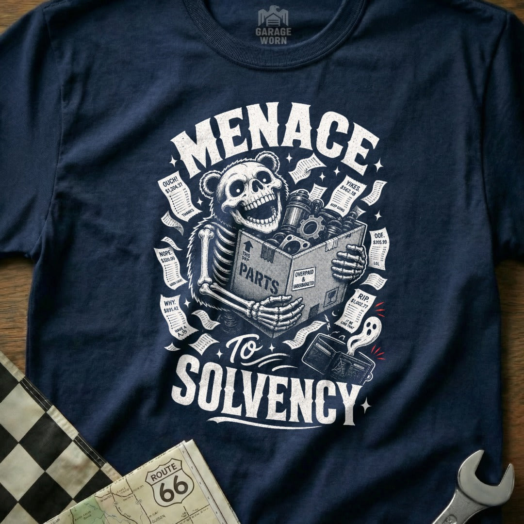 Skeleton holding box of parts under a bear skull, text reads "Menace to Solvency."