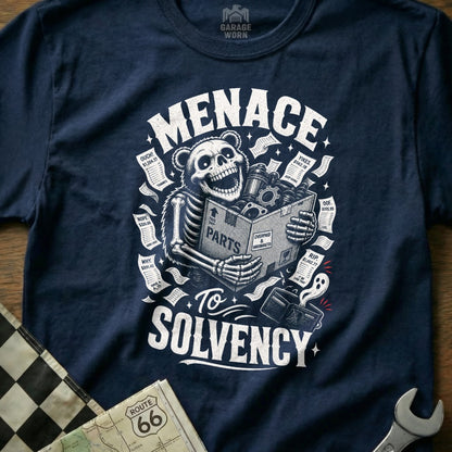 Skeleton holding box of parts under a bear skull, text reads "Menace to Solvency."