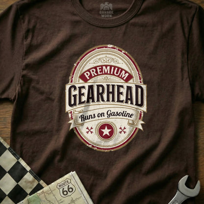 Brown t-shirt with oval "Premium Gearhead Runs on Gasoline" logo.
