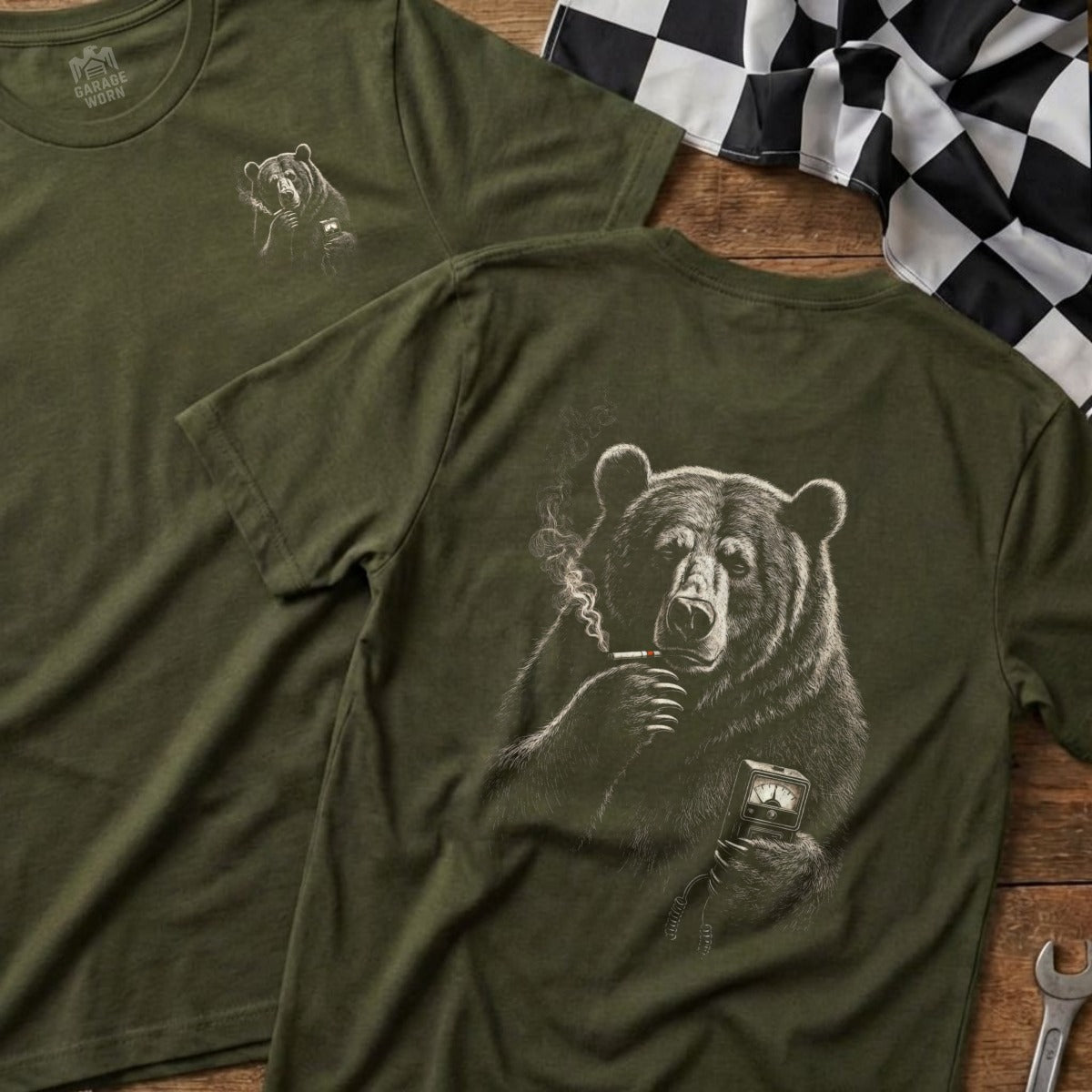 Olive green t-shirt with a bear smoking a cigarette and holding a meter.
