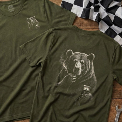 Olive green t-shirt with a bear smoking a cigarette and holding a meter.