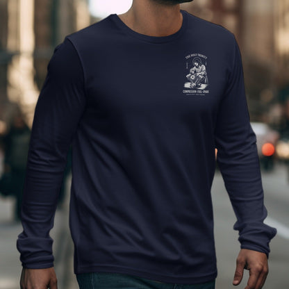 Navy long-sleeve t-shirt with a graphic of Jesus working on a motorcycle.