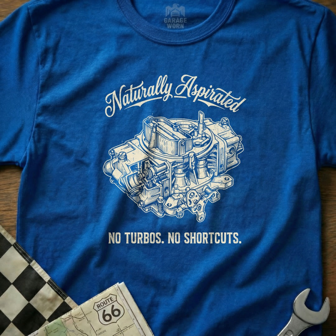 Blue t-shirt with "Naturally Aspirated" and carburetor graphic, "NO TURBOS. NO SHORTCUTS."