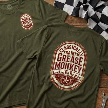Olive green t-shirt with "CLASSICALLY TRAINED GREASE MONKEY" logo.
