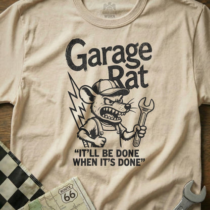 T-shirt with "Garage Rat" text and graphic of a rat mechanic holding a wrench.