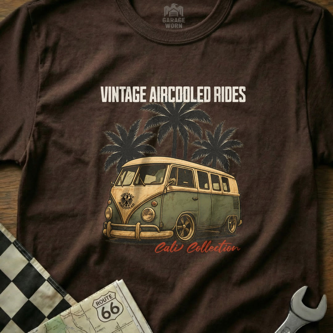 Green and tan vintage VW bus with palm trees, "Vintage Aircooled Rides" text.