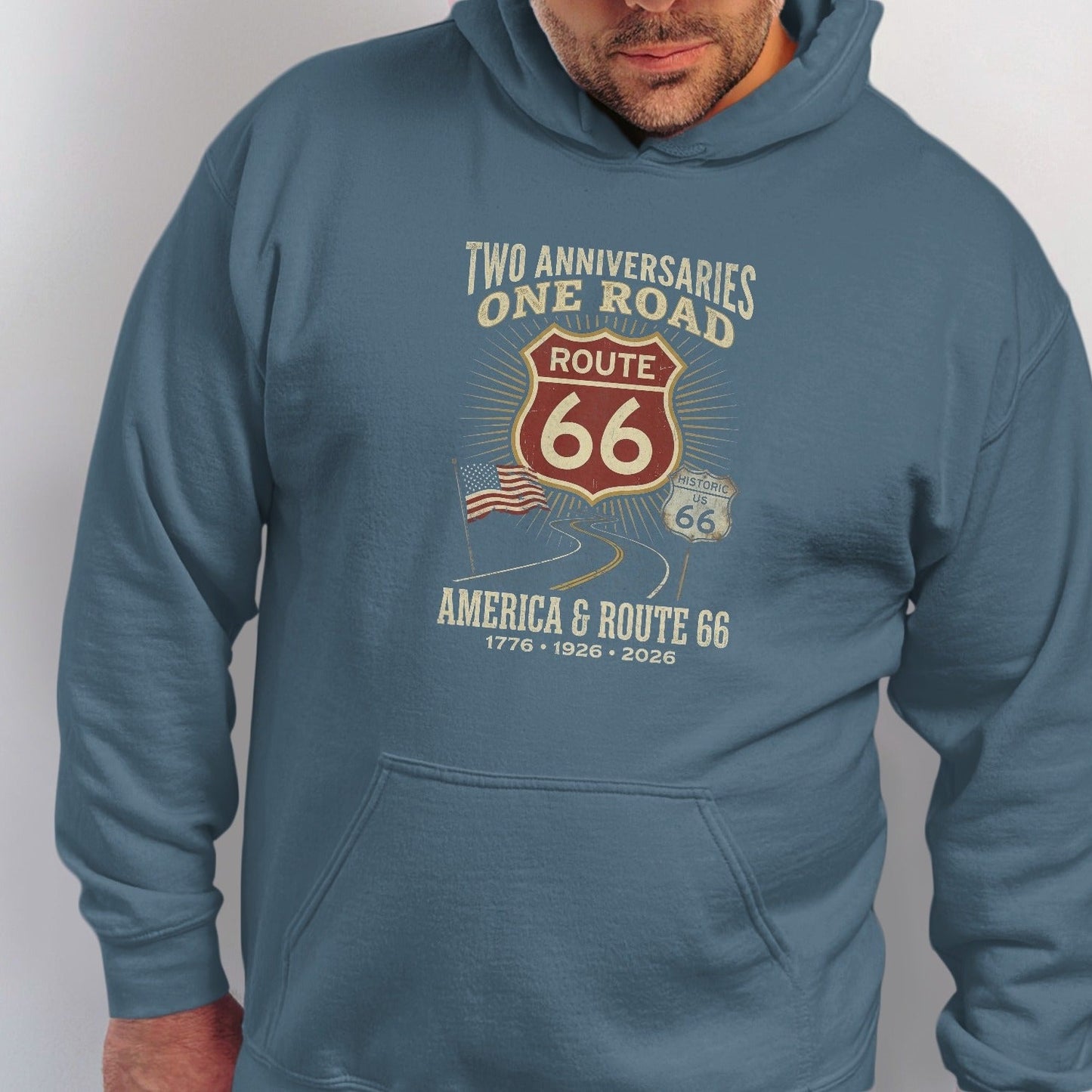 Blue hoodie with "Two Anniversaries One Road" and Route 66 graphic.