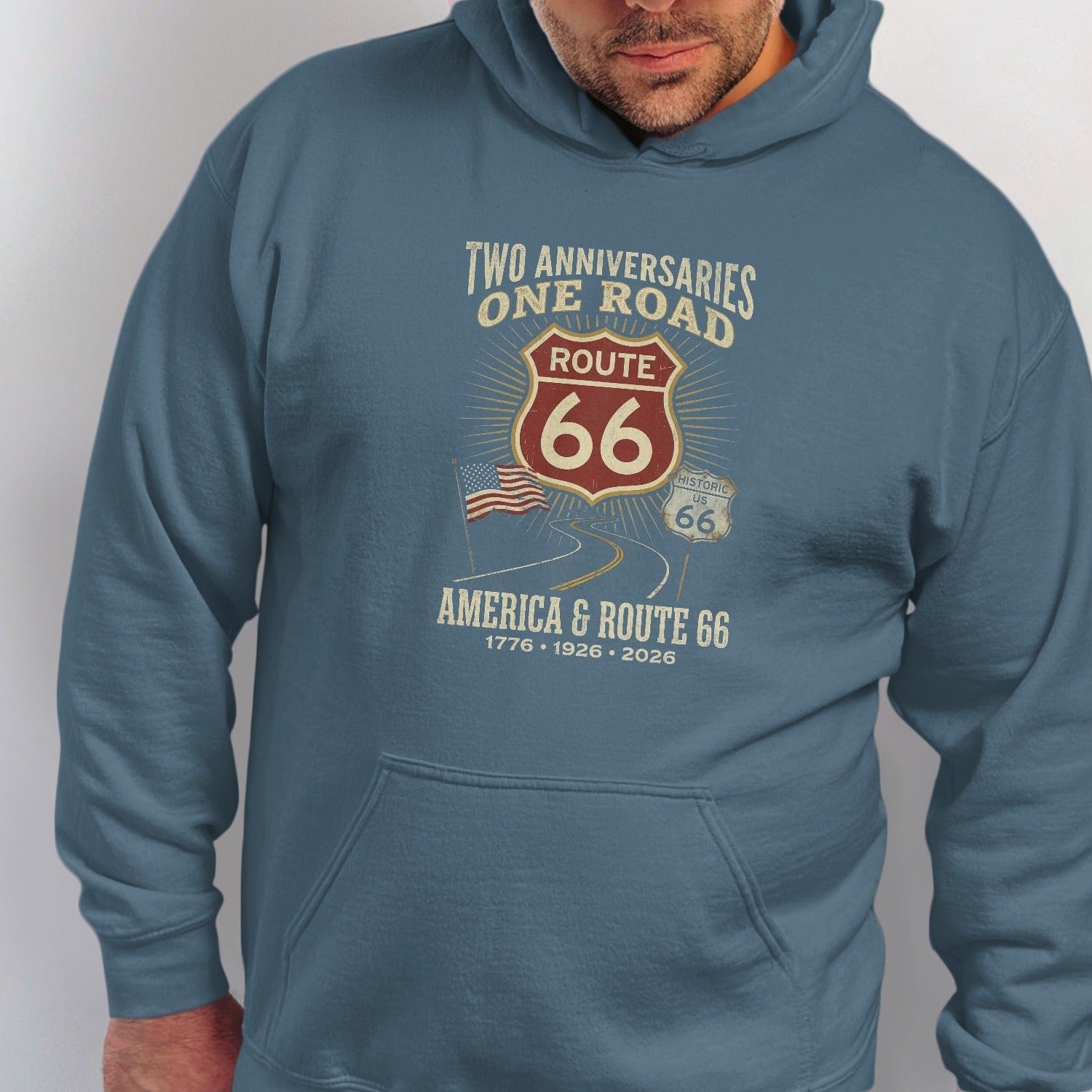 Blue hoodie with "Two Anniversaries One Road" and Route 66 graphic.