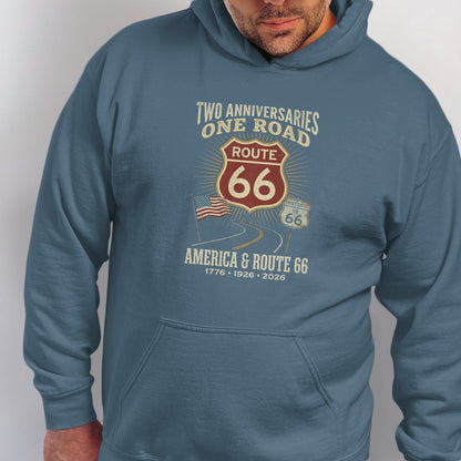 Blue hoodie with "Two Anniversaries One Road" and Route 66 graphic.