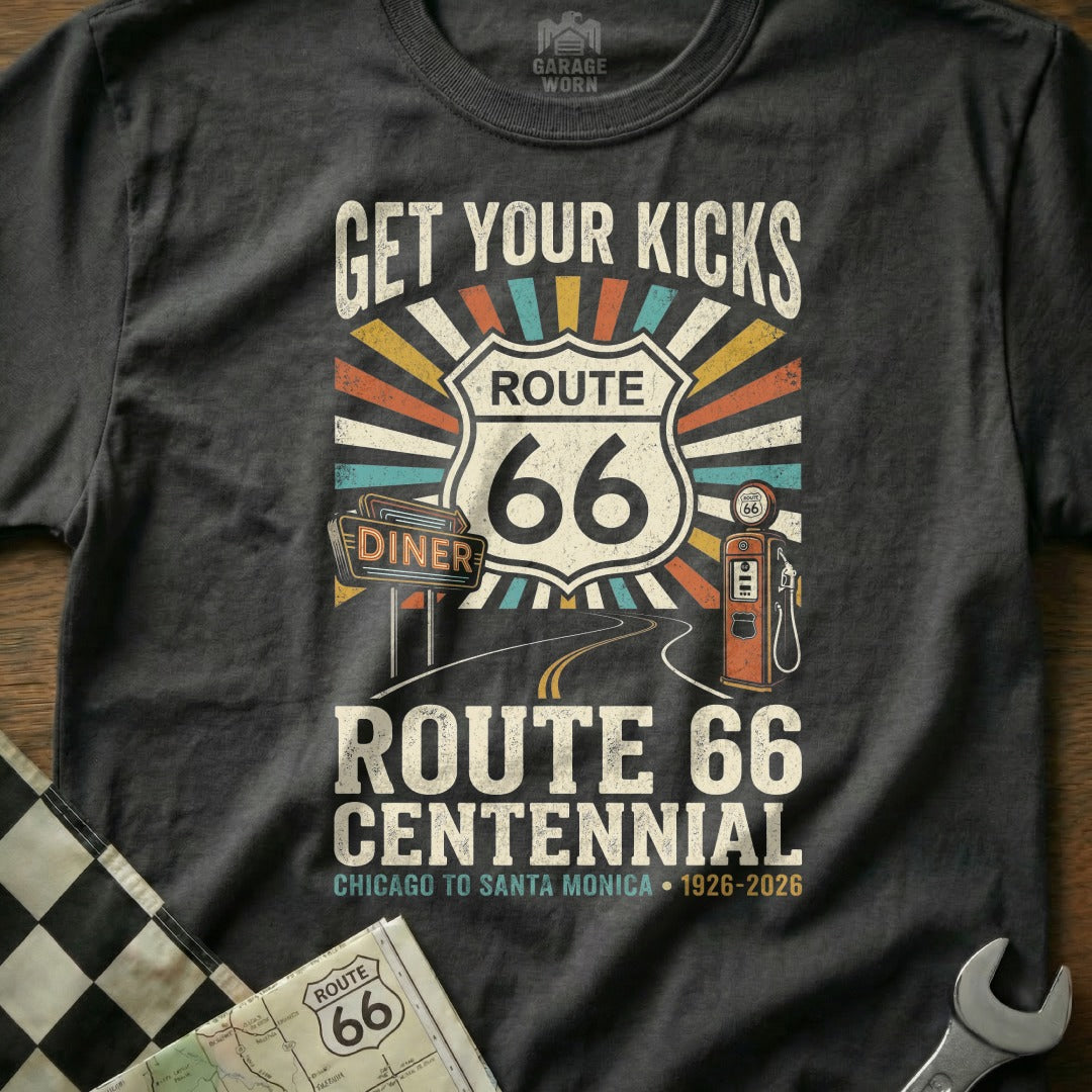 Route 66 Centennial t-shirt with diner, gas pump, and road graphics.