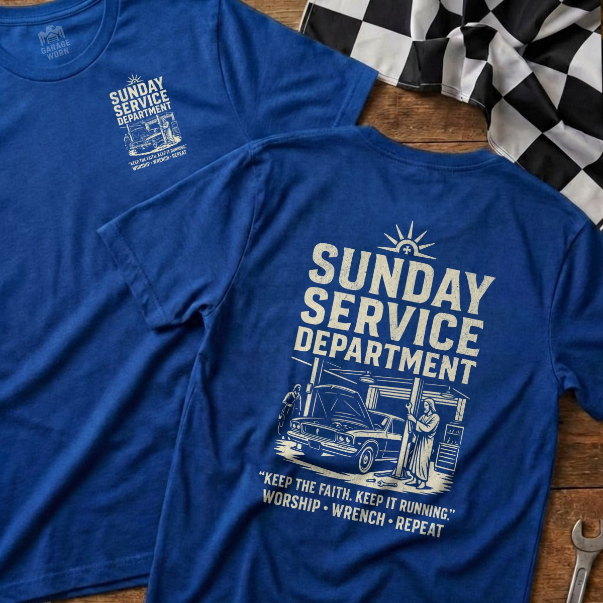 Sunday Service Department Worship Wrench Repeat T-Shirt