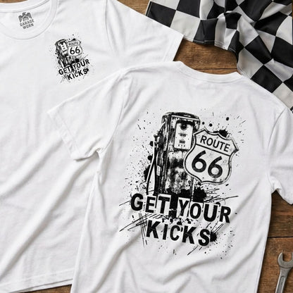 White t-shirt with Route 66 gas pump graphic and "Get Your Kicks" text.
