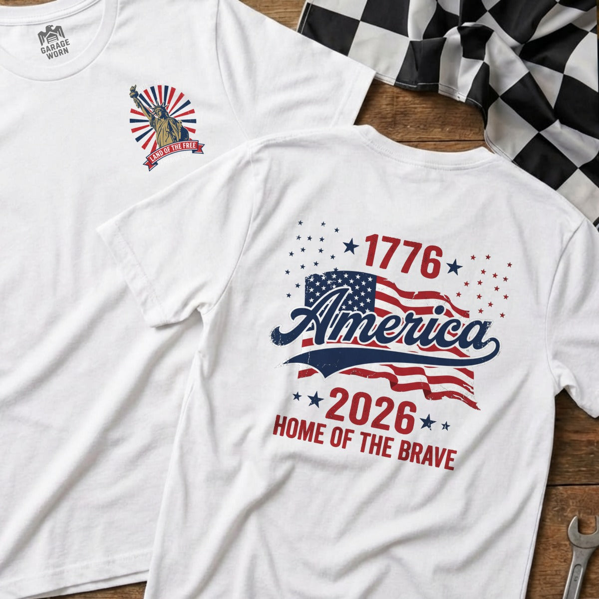 White t-shirt with "1776 America 2026 Home of the Brave" graphic.