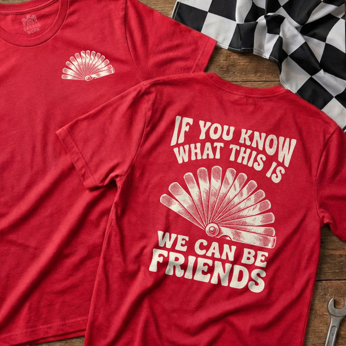 Red t-shirts with fan graphic and "If you know what this is we can be friends" text.