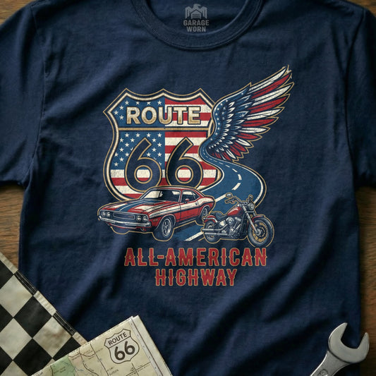 Route 66 All-American Highway graphic with car, motorcycle, and wings.