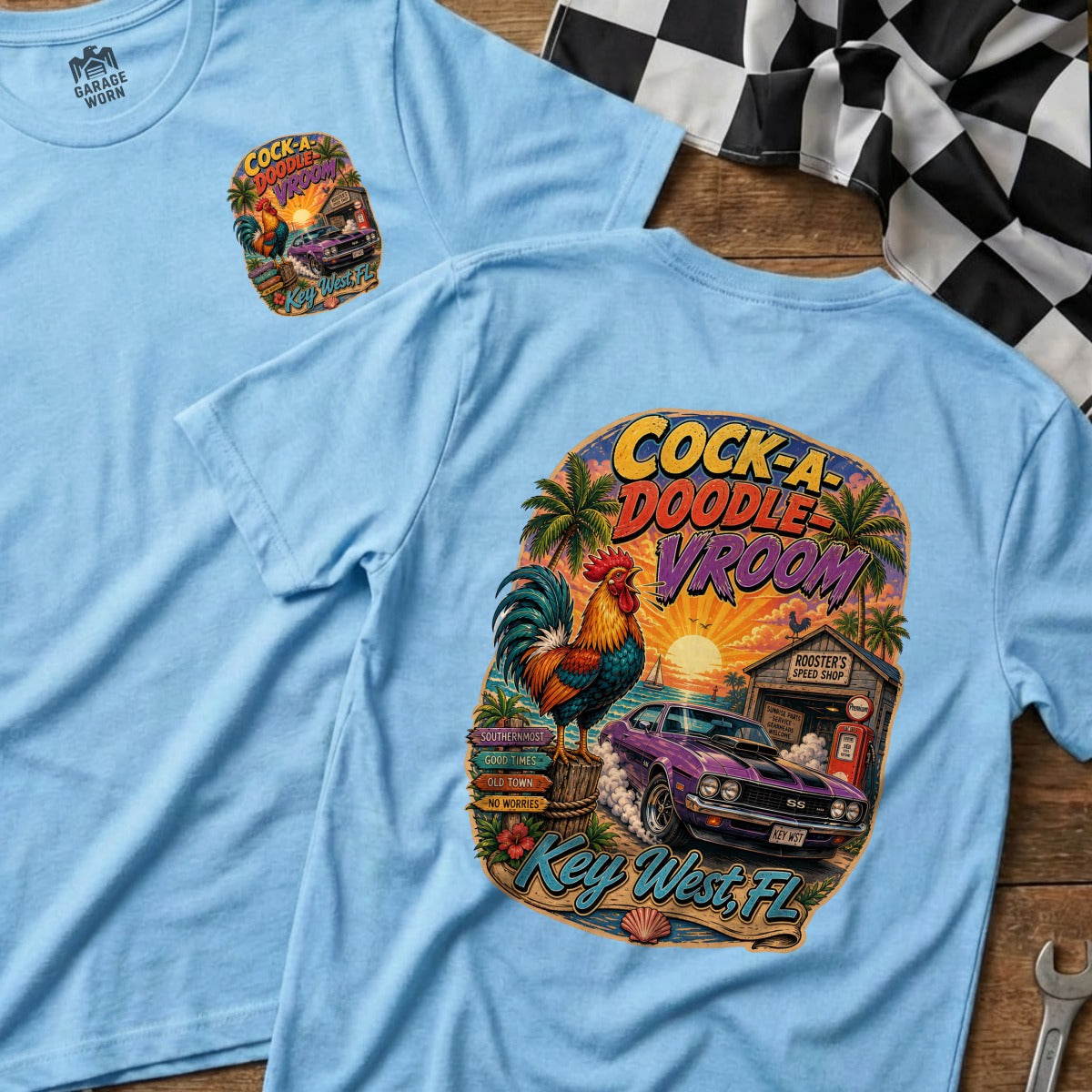 Light blue t-shirt with "Cock-A-Doodle Vroom" graphic featuring a rooster and muscle car.