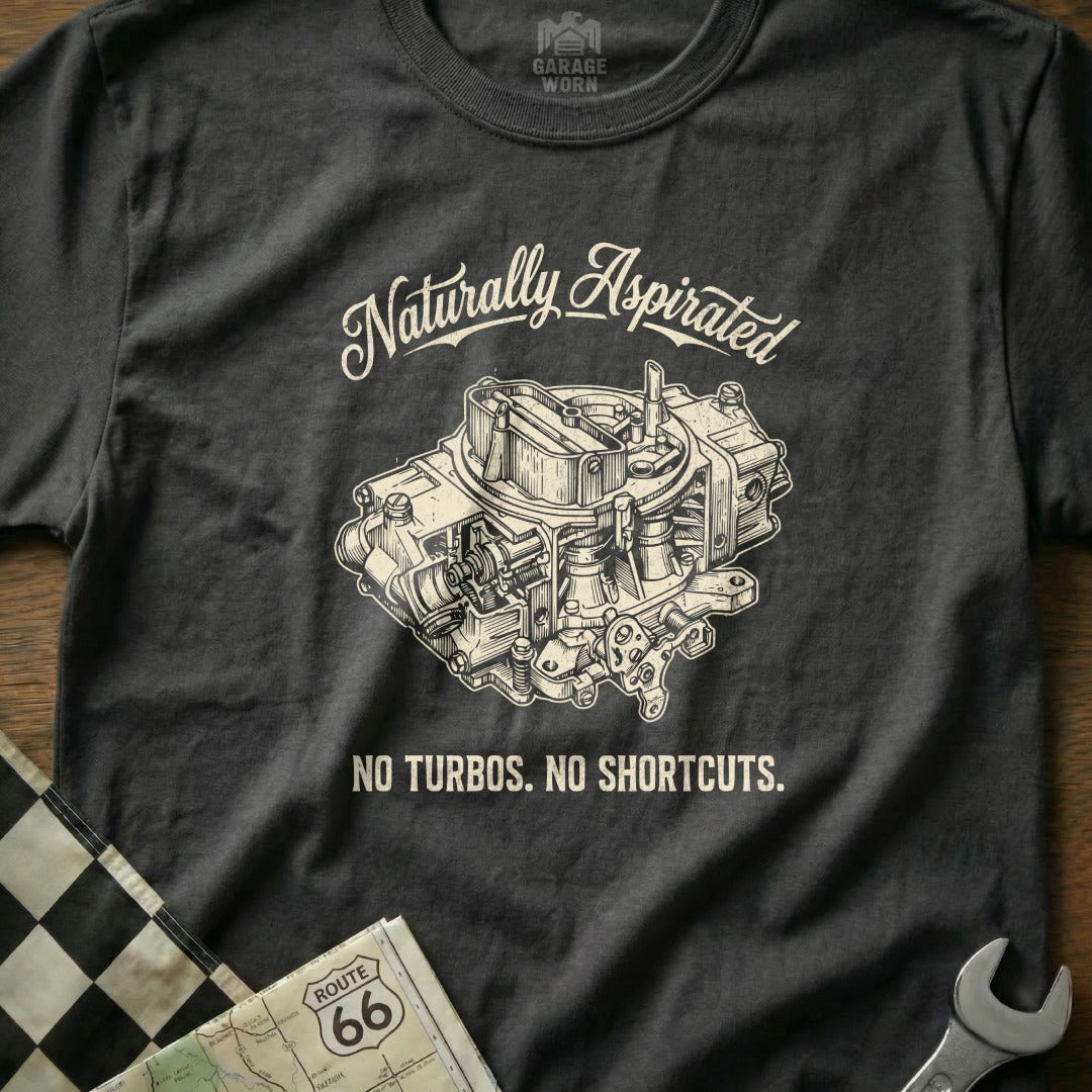 Charcoal t-shirt featuring a sketch of a carburetor and text "Naturally Aspirated. NO TURBOS. NO SHORTCUTS."