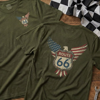 Olive green t-shirt with Route 66 eagle and flag design on back.