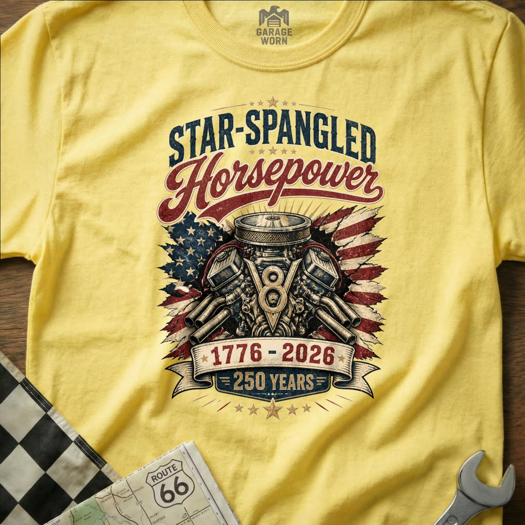 Yellow t-shirt with "Star-Spangled Horsepower" V8 engine graphic, stars, and stripes.