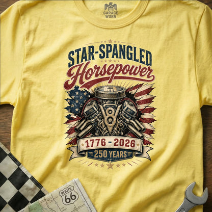 Yellow t-shirt with "Star-Spangled Horsepower" V8 engine graphic, stars, and stripes.