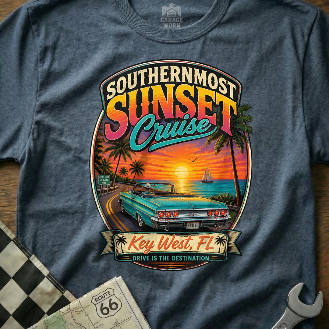 Key West, FL Southernmost Sunset Cruise graphic on a blue t-shirt.