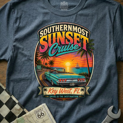 Key West, FL Southernmost Sunset Cruise graphic on a blue t-shirt.