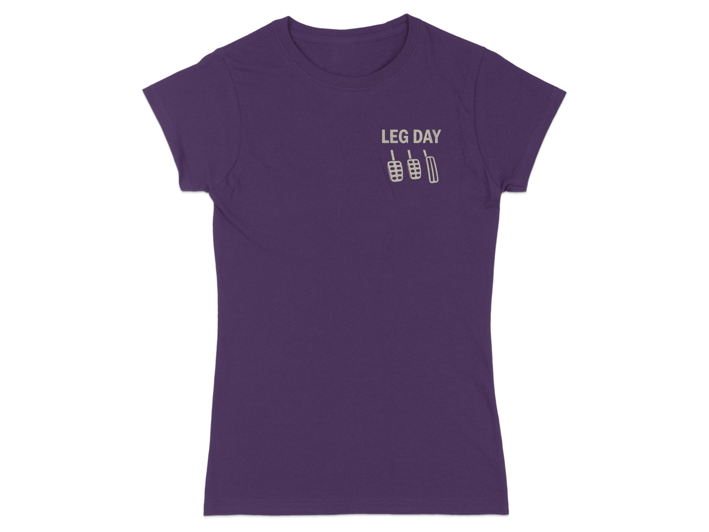 Purple t-shirt with "LEG DAY" text and pedal graphic on chest.