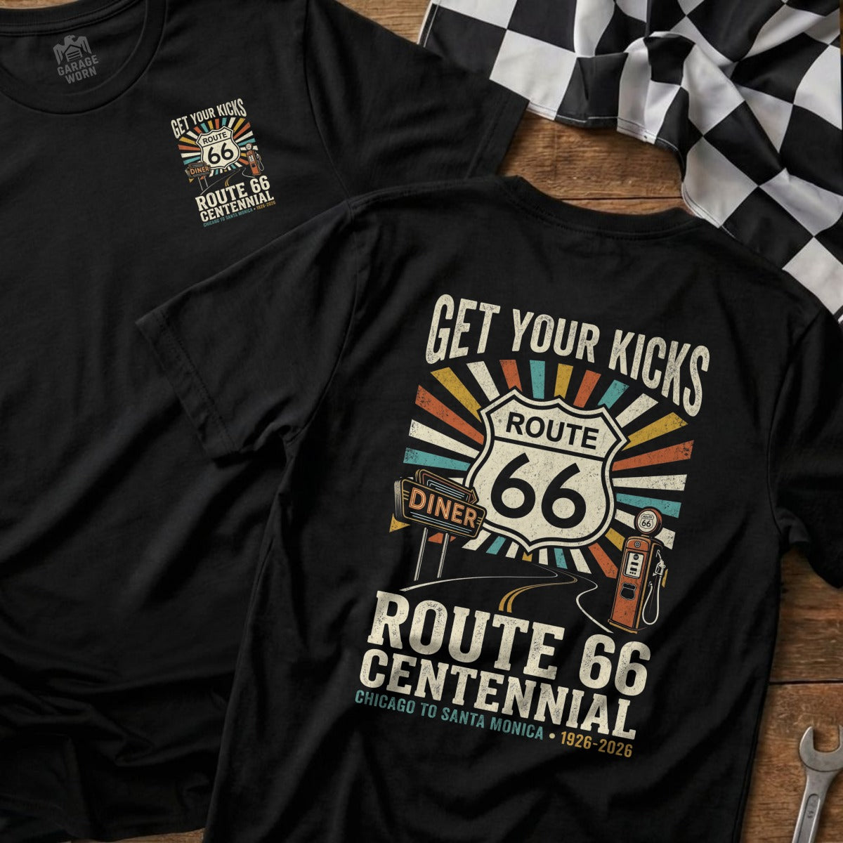 Black t-shirt with "Route 66 Centennial" graphic and "Get Your Kicks" text.