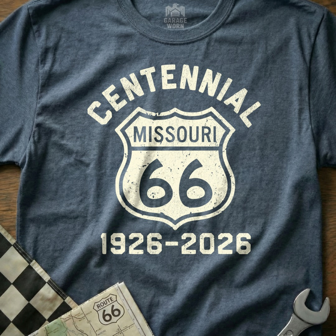 Blue t-shirt with "Centennial Missouri Route 66 1926-2026" graphic.