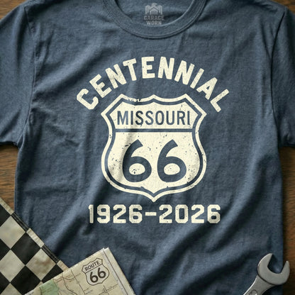 Blue t-shirt with "Centennial Missouri Route 66 1926-2026" graphic.
