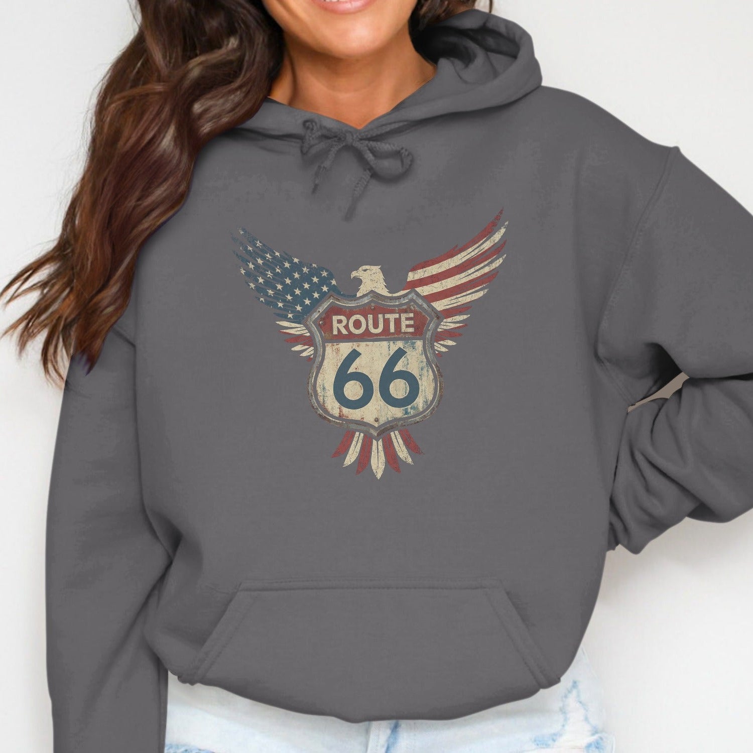Route 66 eagle emblem with US flag on a dark gray hoodie.