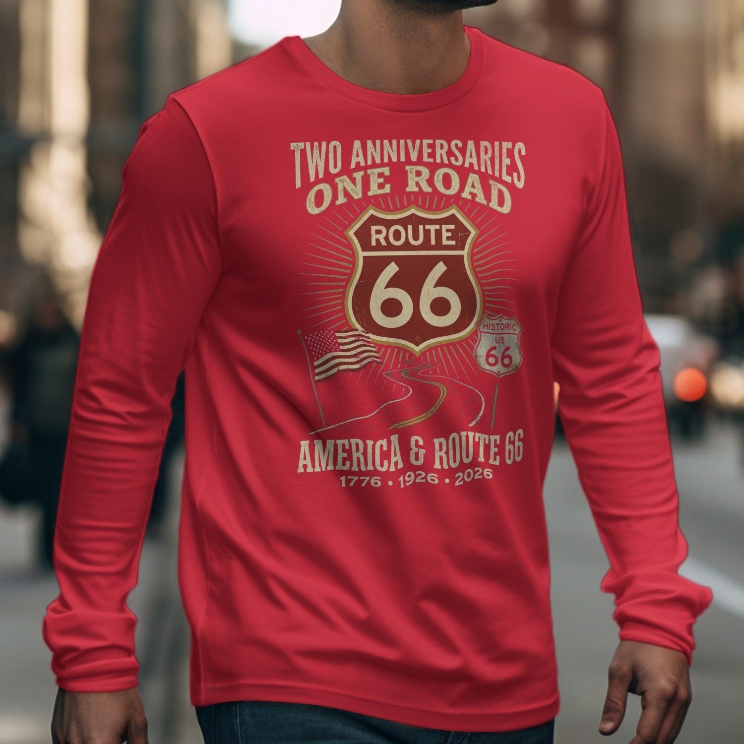 Red long sleeve shirt with "Route 66 America & Route 66" graphic.