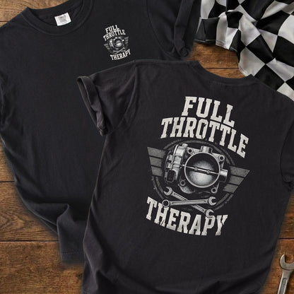 Black t-shirt with "Full Throttle Therapy" text, throttle body, and wrenches graphic.