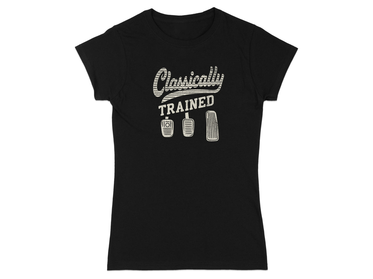 Black t-shirt with "Classically Trained" and car pedals graphic.