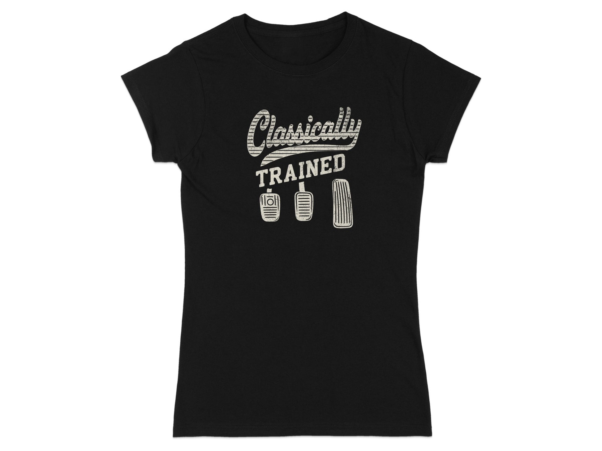 Black t-shirt with "Classically Trained" and car pedals graphic.