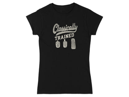 Black t-shirt with "Classically Trained" and car pedals graphic.