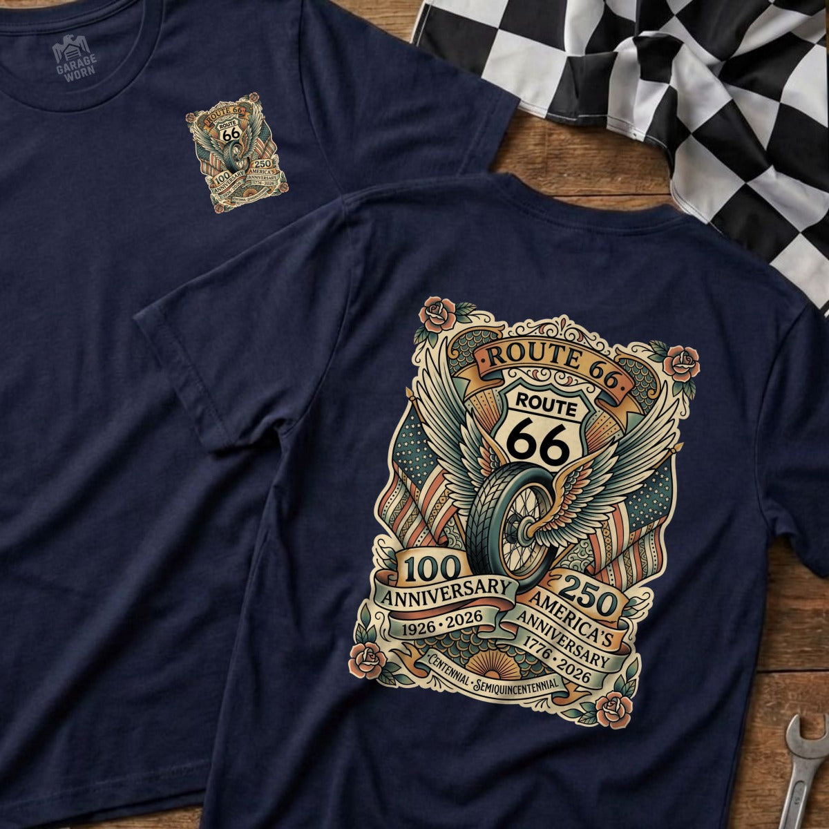 Navy t-shirt with Route 66 centennial and America's semiquincentennial graphic.