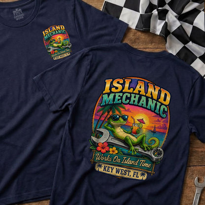 Navy t-shirt with "Island Mechanic" art featuring a gecko on a wrench at sunset.