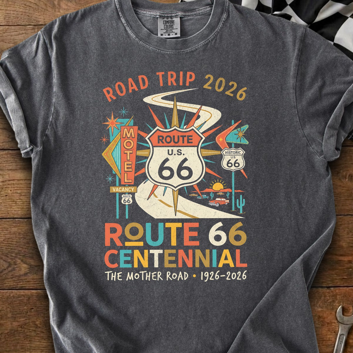 Route 66 Centennial graphic t-shirt with "Road Trip 2026" and "The Mother Road 1926-2026".