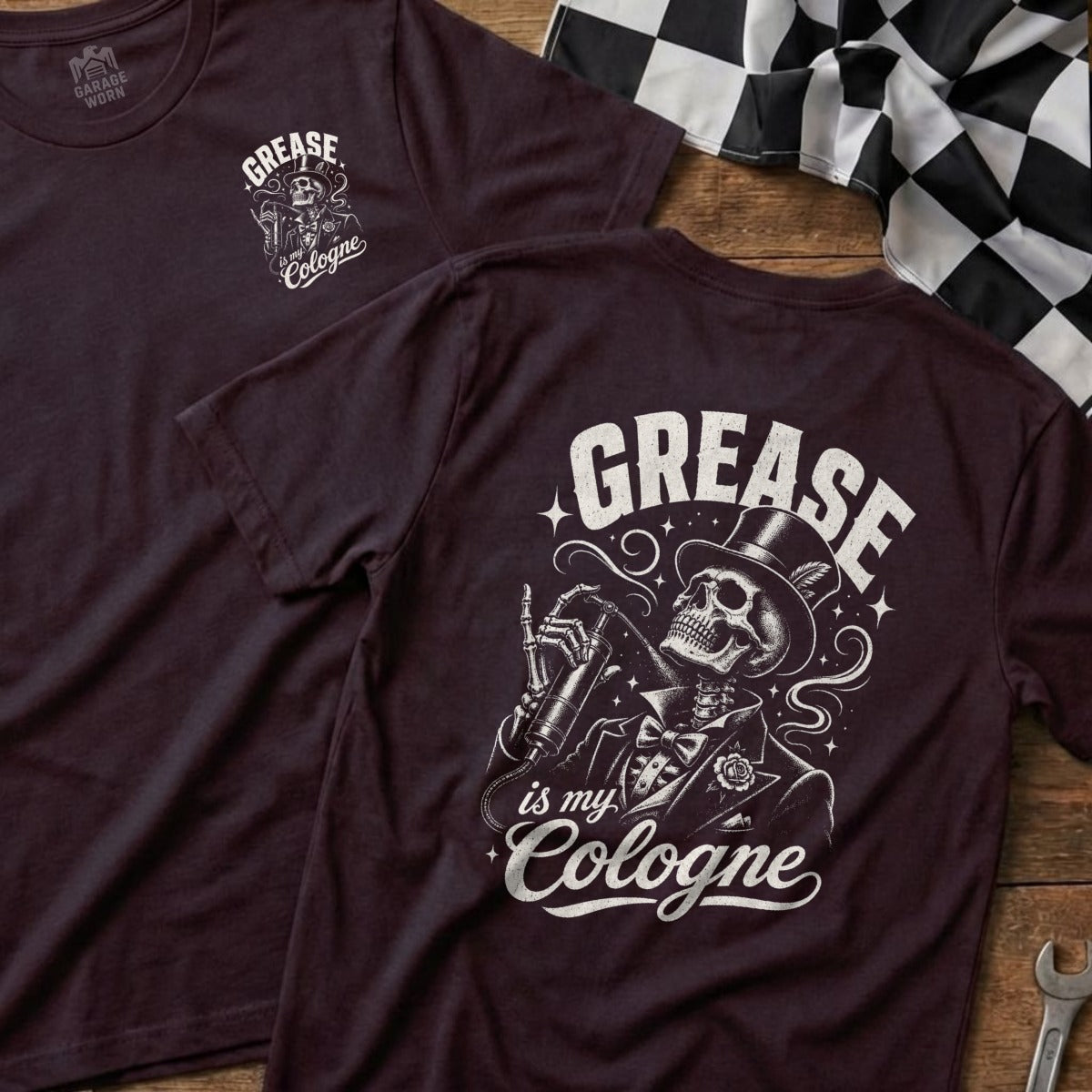 T-shirt with skeleton graphic spraying cologne and text "GREASE is my Cologne".