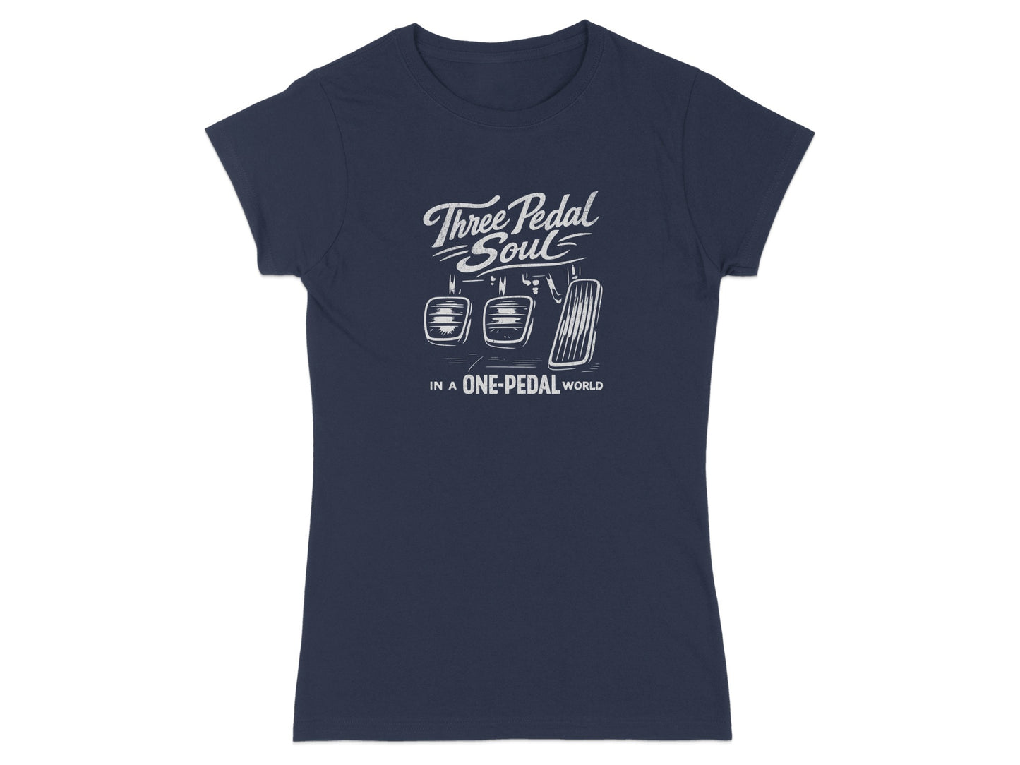 Navy t-shirt with "Three Pedal Soul" and car pedals graphic.