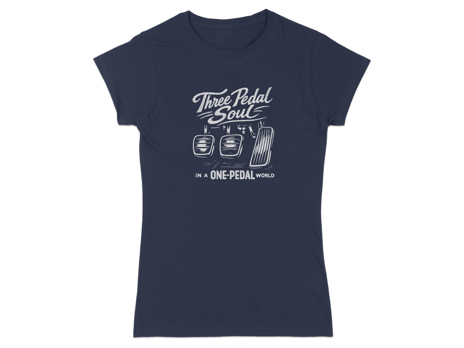 Navy t-shirt with "Three Pedal Soul" and car pedals graphic.