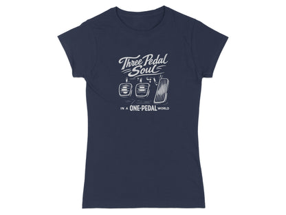 Navy t-shirt with "Three Pedal Soul" and car pedals graphic.