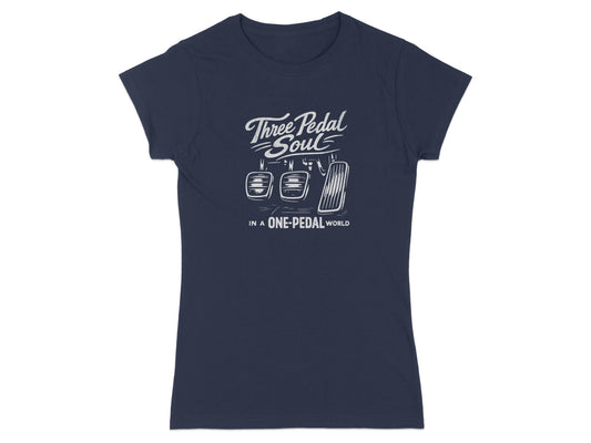 Navy t-shirt with "Three Pedal Soul" and car pedals graphic.