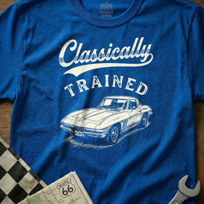 Blue t-shirt with "Classically TRAINED" text and a vintage Corvette graphic.