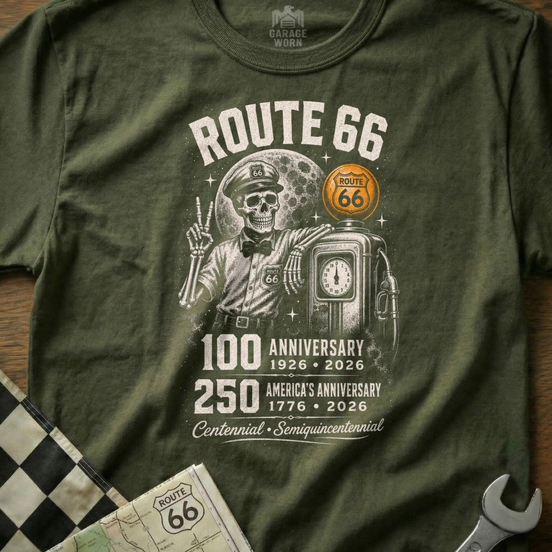 Skeleton with Route 66 gas pump, celebrating 100th and 250th anniversaries.